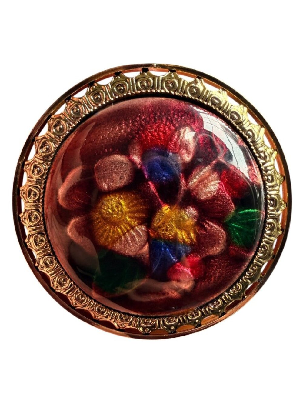 Vintage Reverse Carved Lucite Brooch Gold Tone Floral Pin 1950s New Old Stock